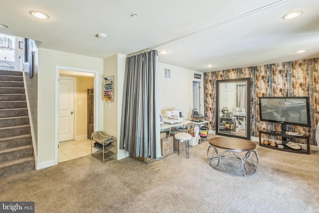 7109 Yamhill Way, Glen Burnie, MD 21060 - living room featuring carpet flooring, stairs, recessed lighting, and baseboards