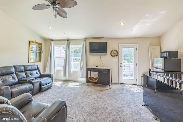 7109 Yamhill Way, Glen Burnie, MD 21060 - carpeted living area featuring a ceiling fan, baseboards, and recessed lighting