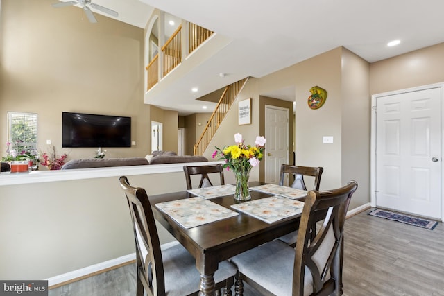 7 Otto Way, Fredericksburg, VA 22406 - dining space with wood finished floors, stairs, baseboards, ceiling fan, and recessed lighting
