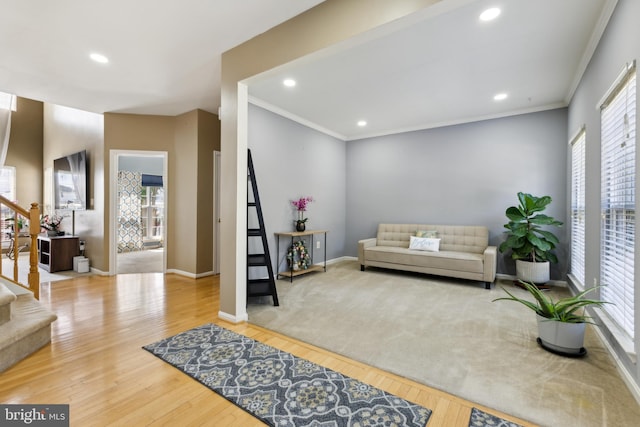 7 Otto Way, Fredericksburg, VA 22406 - living area with healthy amount of natural light, stairway, ornamental molding, recessed lighting, and wood finished floors