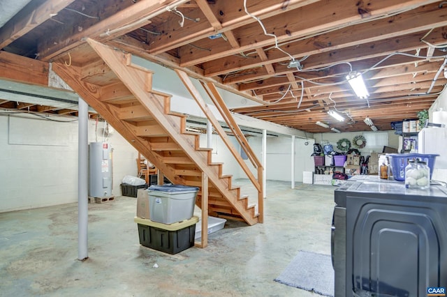 1026 Oakmont Cir, Lynchburg, VA 24502 - unfinished basement featuring electric water heater, stairs, and washer / clothes dryer