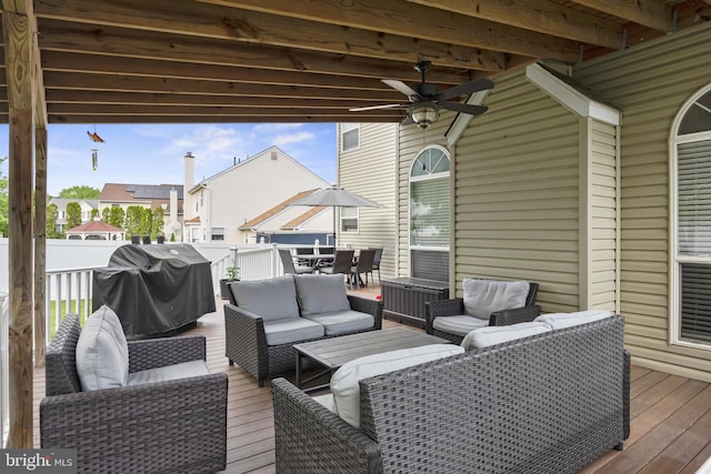 106 Hedgerow Ct, Deptford, NJ 08096 - wooden terrace with an outdoor living space, grilling area, outdoor dining space, ceiling fan, and a residential view