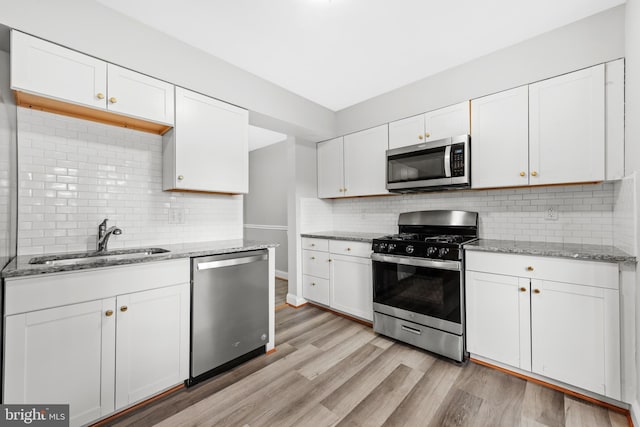 kitchen featuring appliances with stainless steel finishes, a sink, decorative backsplash, light wood-style floors, and white cabinetry