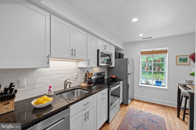 922 Montgomery Ave Unit E2, Bryn Mawr, PA 19010 - kitchen featuring appliances with stainless steel finishes, dark stone counters, a sink, white cabinets, and decorative backsplash