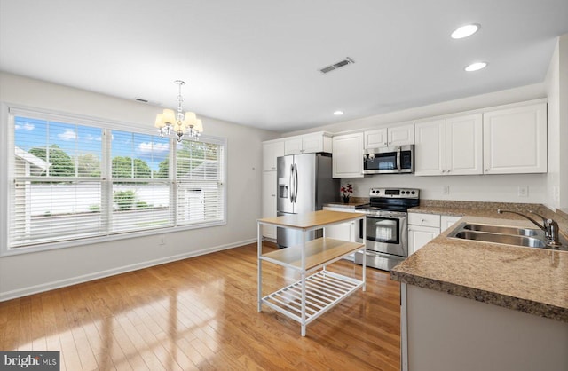36518 Harmon Bay Blvd Unit 27, Rehoboth Beach, DE 19971 - kitchen featuring appliances with stainless steel finishes, a sink, white cabinets, a chandelier, and light wood finished floors