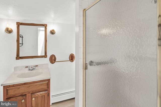 201 E Main St, Fairfield, PA 17320 - bathroom with a baseboard heating unit, a shower stall, vanity, and wood finished floors