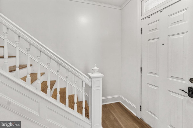 201 E Main St, Fairfield, PA 17320 - staircase featuring baseboards, wood finished floors, and crown molding
