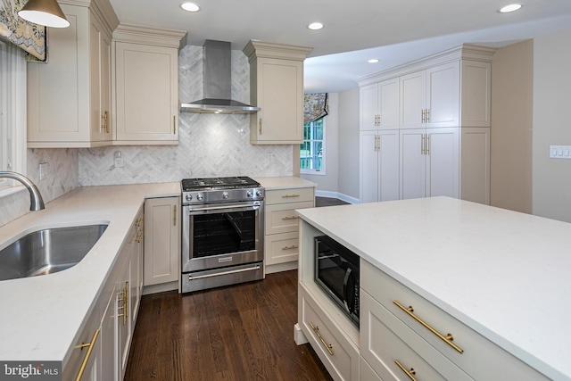 6 Benedek Rd, Princeton, NJ 08540 - kitchen featuring wall chimney range hood, stainless steel stove, black microwave, tasteful backsplash, and recessed lighting