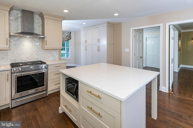 6 Benedek Rd, Princeton, NJ 08540 - kitchen featuring stainless steel range with gas stovetop, wall chimney exhaust hood, black microwave, dark wood-type flooring, and light countertops