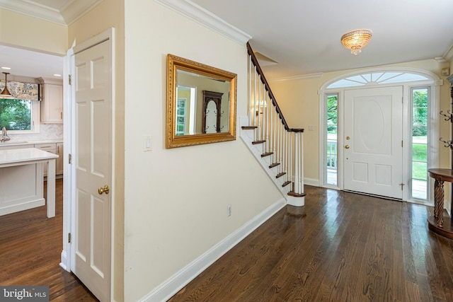 6 Benedek Rd, Princeton, NJ 08540 - entrance foyer featuring dark wood-style floors, crown molding, and stairs