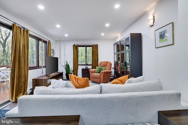 living area with recessed lighting, plenty of natural light, and wood finished floors