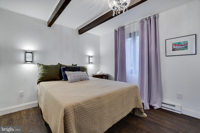 bedroom with baseboard heating, beam ceiling, wood finished floors, baseboards, and a chandelier