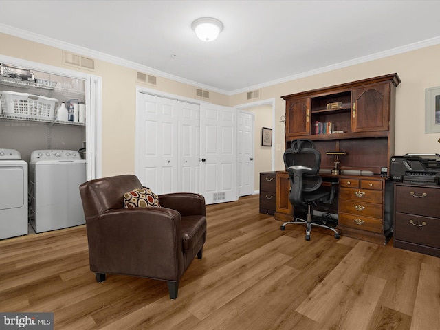 1413 Peregrine Path, Arnold, MD 21012 - home office with washing machine and clothes dryer, light wood finished floors, and ornamental molding