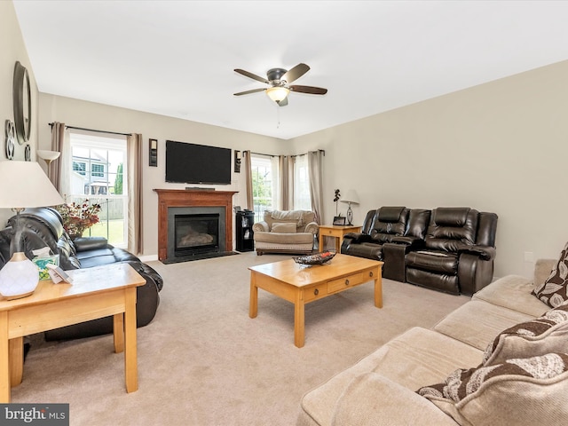 106 Bedrock Dr, Walkersville, MD 21793 - living room with plenty of natural light, ceiling fan, light colored carpet, and a fireplace with flush hearth