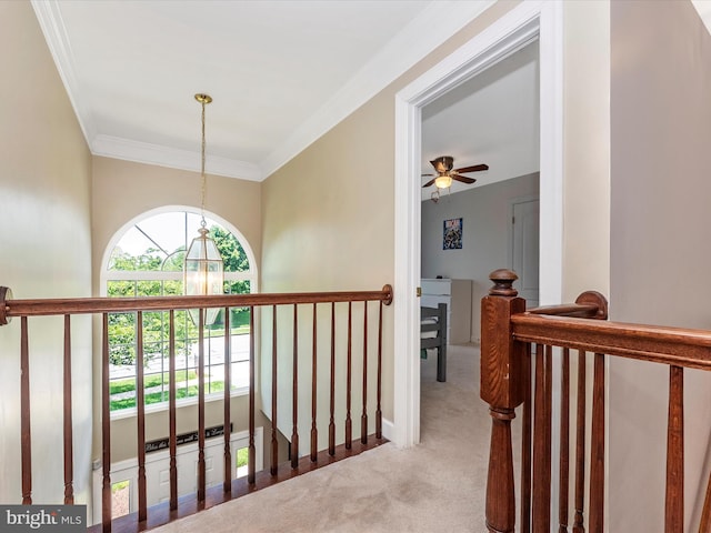 106 Bedrock Dr, Walkersville, MD 21793 - hallway featuring an upstairs landing, carpet, and crown molding