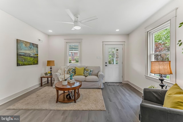 564 9th Ave, Prospect Park, PA 19076 - living area featuring healthy amount of natural light, wood finished floors, recessed lighting, and a ceiling fan