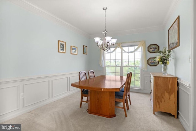 313 Indianhead Ct, Woodstock, VA 22664 - dining space featuring a decorative wall, a chandelier, crown molding, light carpet, and a wainscoted wall
