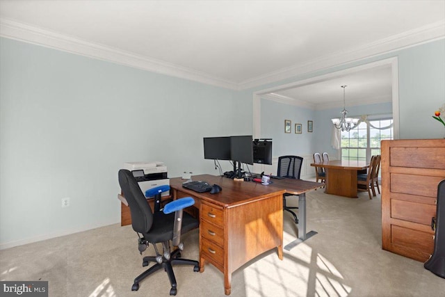 313 Indianhead Ct, Woodstock, VA 22664 - office featuring light carpet, crown molding, a chandelier, and baseboards