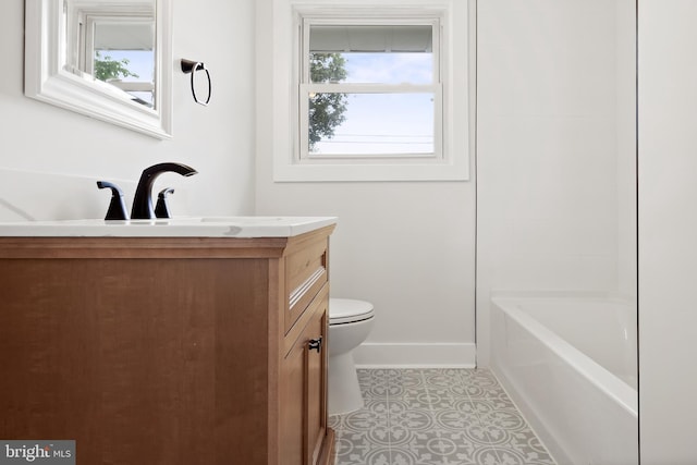 bathroom with toilet, vanity, a tub to relax in, tile patterned flooring, and a shower