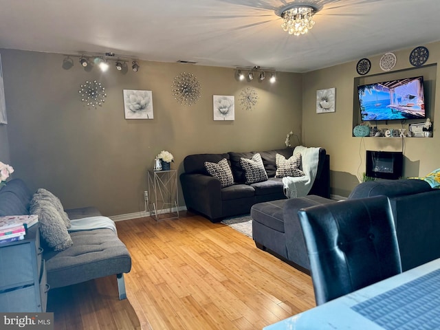 living area with wood finished floors, rail lighting, and baseboards