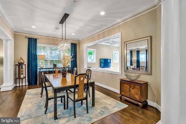 5526 Macarthur Blvd NW, Washington, DC 20016 - dining room with ornate columns, dark wood-style flooring, ornamental molding, baseboards, and recessed lighting
