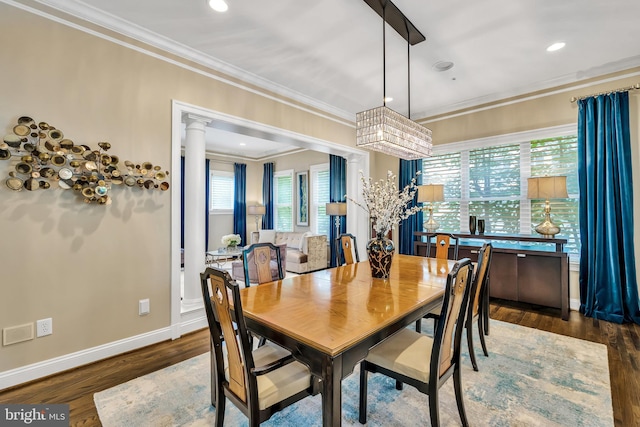 5526 Macarthur Blvd NW, Washington, DC 20016 - dining room with ornamental molding, wood finished floors, baseboards, ornate columns, and recessed lighting