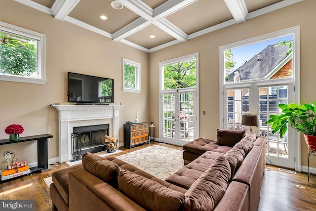 5526 Macarthur Blvd NW, Washington, DC 20016 - living room featuring coffered ceiling, a high end fireplace, beam ceiling, wood finished floors, and plenty of natural light