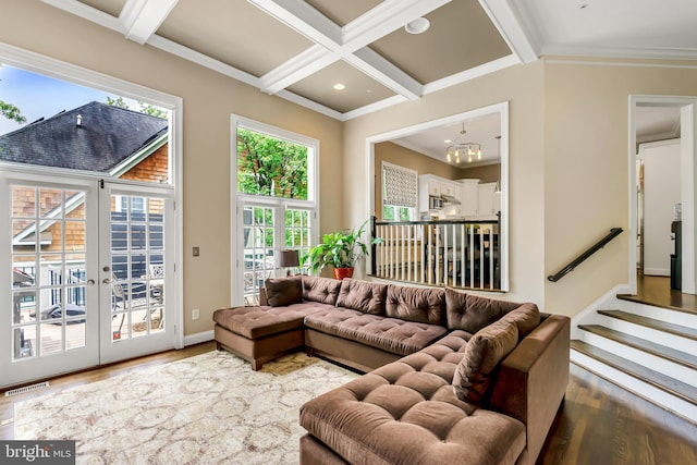 5526 Macarthur Blvd NW, Washington, DC 20016 - living area featuring wood finished floors, coffered ceiling, beam ceiling, a chandelier, and ornamental molding