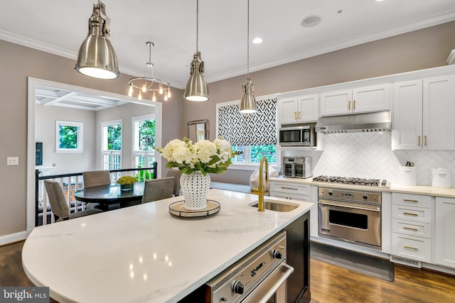 5526 Macarthur Blvd NW, Washington, DC 20016 - kitchen featuring appliances with stainless steel finishes, a sink, under cabinet range hood, a center island, and ornamental molding