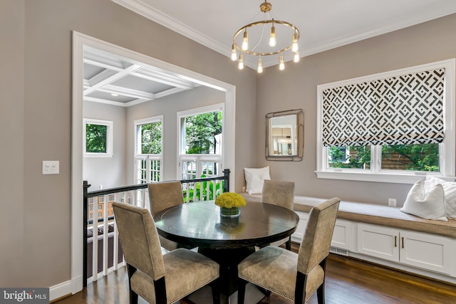 5526 Macarthur Blvd NW, Washington, DC 20016 - dining area with crown molding, a chandelier, dark wood-type flooring, coffered ceiling, and beamed ceiling