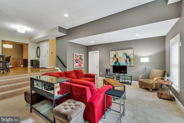 5526 Macarthur Blvd NW, Washington, DC 20016 - living room featuring baseboards, carpet, recessed lighting, stairway, and healthy amount of natural light