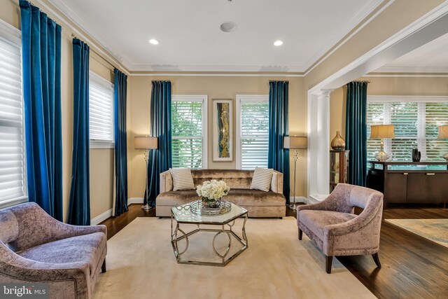5526 Macarthur Blvd NW, Washington, DC 20016 - living area featuring wood finished floors, plenty of natural light, crown molding, baseboards, and recessed lighting