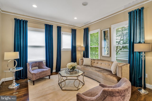 5526 Macarthur Blvd NW, Washington, DC 20016 - living room featuring baseboards, wood finished floors, ornamental molding, and recessed lighting