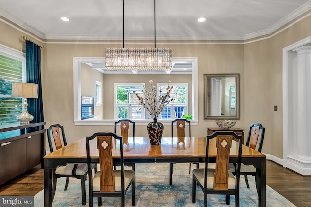 5526 Macarthur Blvd NW, Washington, DC 20016 - dining area featuring a chandelier, wood finished floors, ornamental molding, recessed lighting, and baseboards