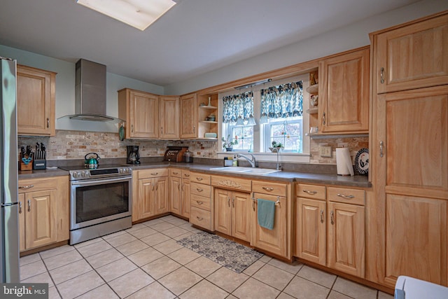 kitchen featuring wall chimney exhaust hood, a sink, electric stove, and open shelves