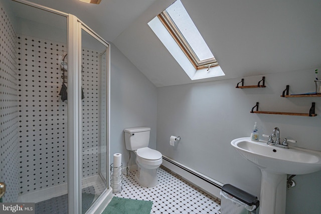 full bath featuring a skylight, baseboard heating, lofted ceiling, a shower stall, and toilet