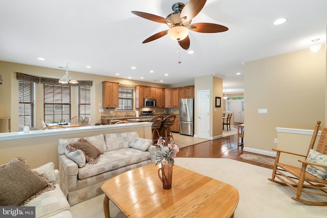 4 Augusta Dr, Little Egg Harbor Twp, NJ 08087 - living room with plenty of natural light, a ceiling fan, recessed lighting, light wood-style flooring, and baseboards
