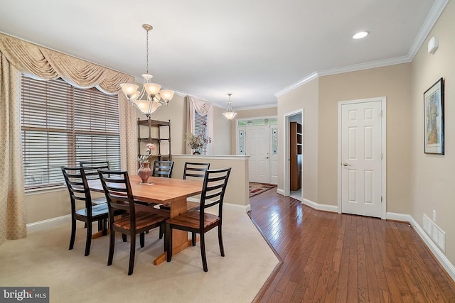 4 Augusta Dr, Little Egg Harbor Twp, NJ 08087 - dining area featuring a chandelier, hardwood / wood-style flooring, baseboards, ornamental molding, and recessed lighting