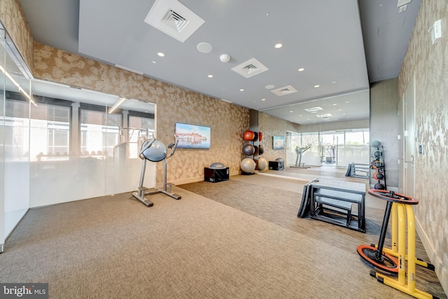 45 Sutton Sq SW Unit Ph11, Washington, DC 20024 - gym featuring wallpapered walls, carpet flooring, and recessed lighting