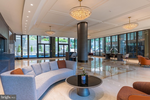 common area featuring expansive windows, recessed lighting, and coffered ceiling