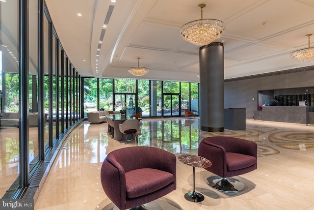 lobby featuring coffered ceiling