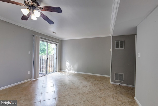 empty room featuring crown molding, baseboards, light tile patterned floors, and a ceiling fan
