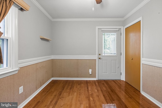 15 Renee, Lawrence Township, NJ 08648 - foyer featuring wood finished floors, wainscoting, ornamental molding, ceiling fan, and baseboards