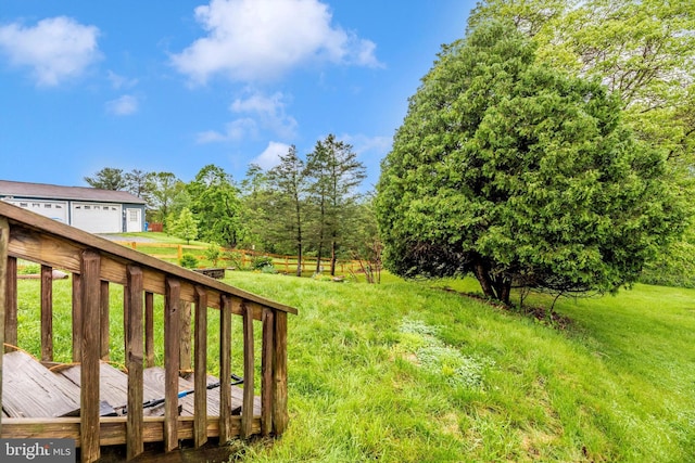 view of green lawn with a deck