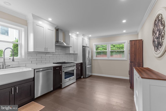669 Worthington Dr, Warminster, PA 18974 - kitchen with wall chimney range hood, stainless steel appliances, a sink, dark wood finished floors, and crown molding