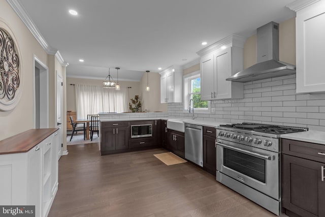669 Worthington Dr, Warminster, PA 18974 - kitchen with wall chimney exhaust hood, stainless steel appliances, crown molding, a peninsula, and a sink