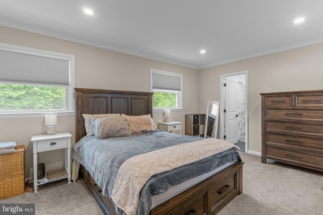 669 Worthington Dr, Warminster, PA 18974 - bedroom with light carpet, ornamental molding, recessed lighting, baseboards, and ensuite bathroom