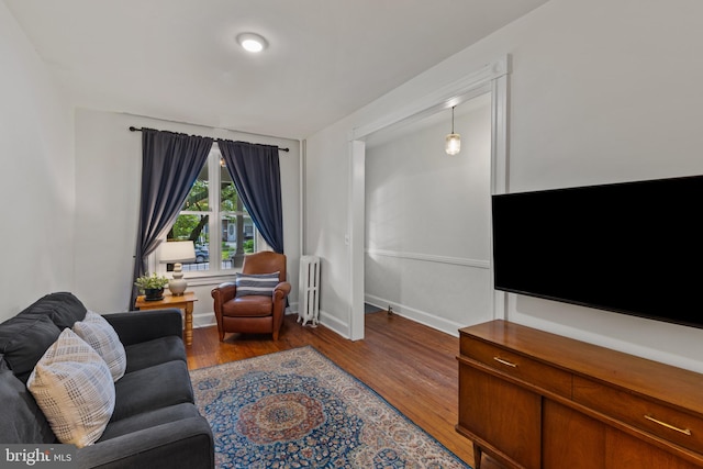 living room featuring radiator, wood finished floors, and baseboards