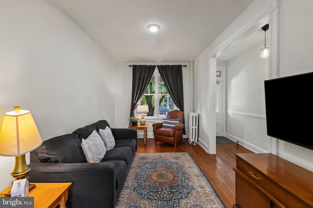living area featuring radiator heating unit, wood finished floors, and baseboards