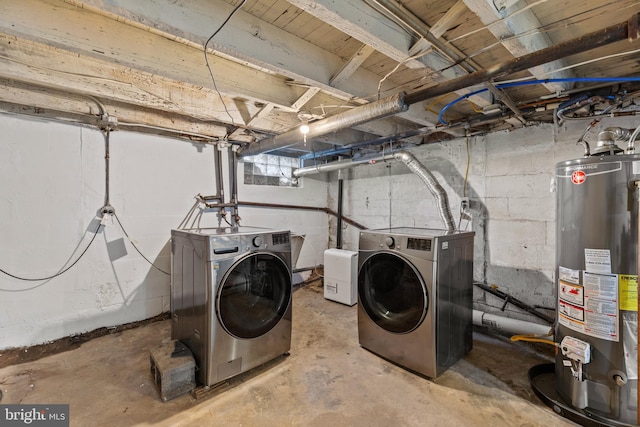 laundry area featuring gas water heater and washing machine and clothes dryer
